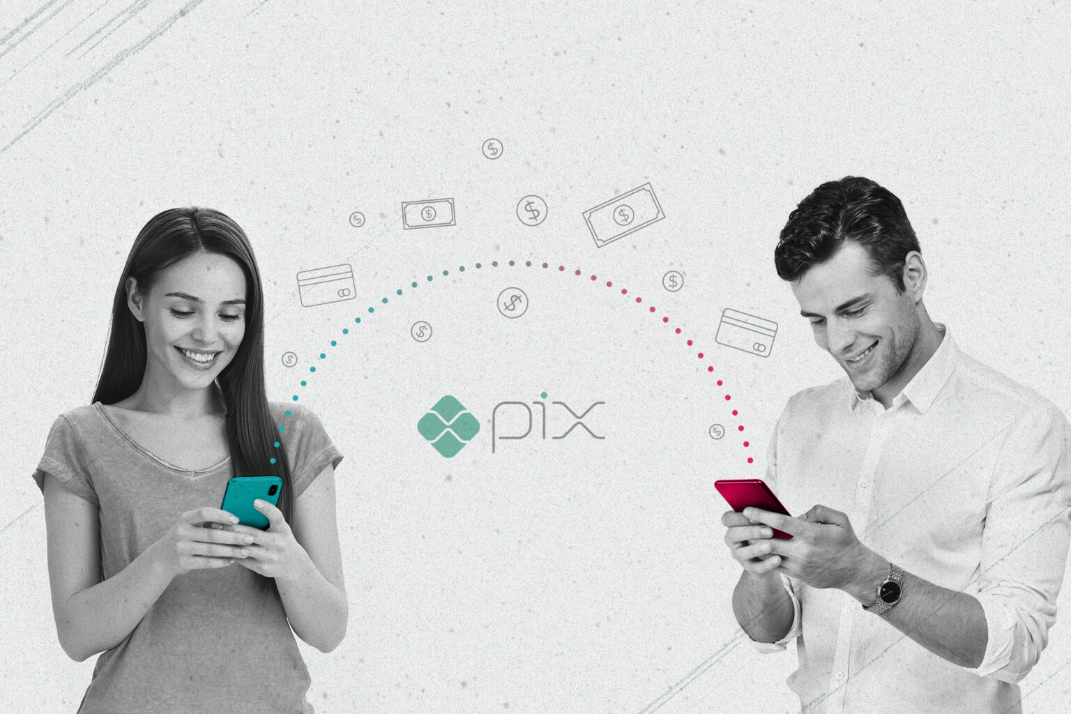 Mulher e homem fazem transferências com logo do Pix ao centro