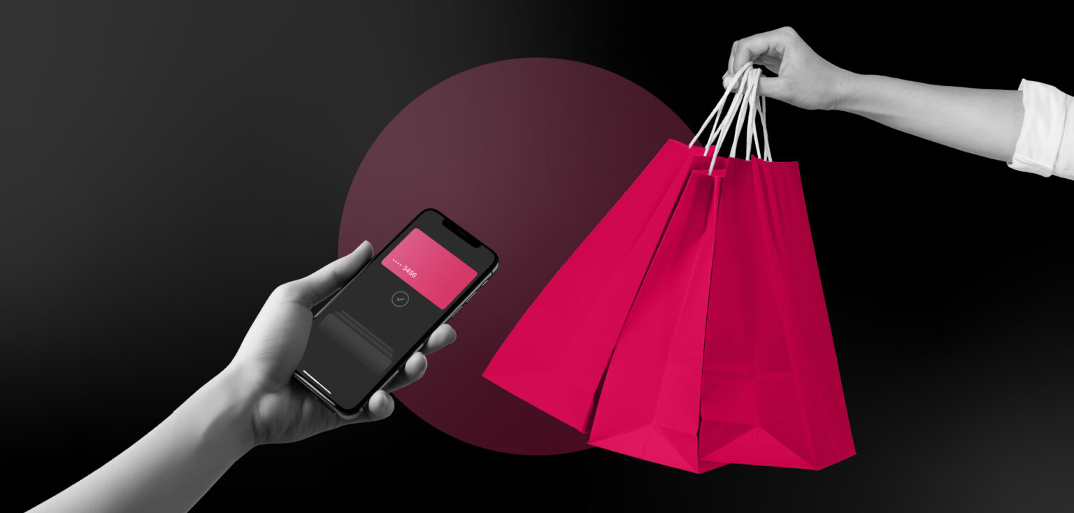 Ilustración de una persona que paga una compra utilizando una tarjeta virtual